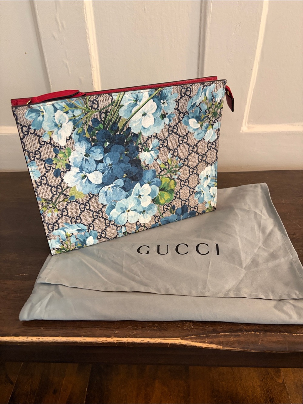Gucci Blue Floral GG Supreme Zip Pouch with Red Trim